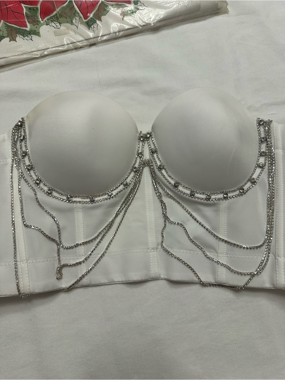 White Strapless Bustier Bandeau with Silver Chain Draping